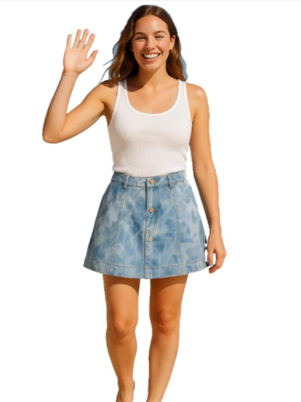 NEW POL Small Blue Denim Tie Dye Mini Skirt Silver Logo Buttons Casual Beach
